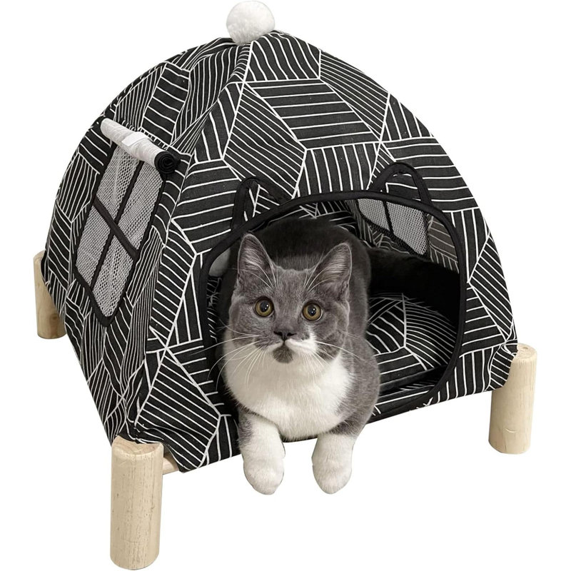 Tente pour chat surélevée 2 en 1, H 21,6 po x l 19,6 po x P 19,6 po, Noir / blanc