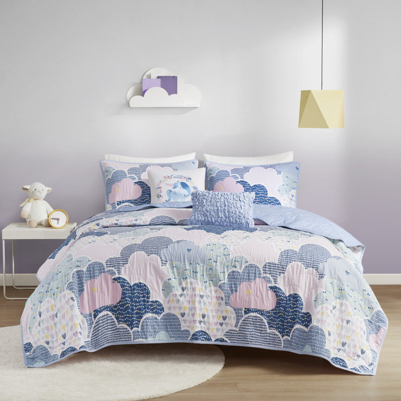 Blue Twin Cotton Reversible Fantasy Coverlet Set with Throw Pillows