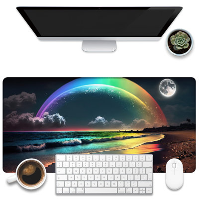 Tapis de bureau, tapis de bureau arc-en-ciel et pleine lune, grand tapis de souris de jeu Beach at Night, grand clavier de souris pour ordinateur avec base antidérapante et bord piqué, 15,75 po x 31,5 po