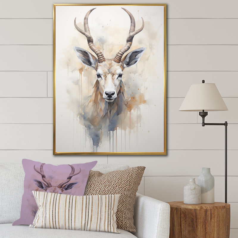 Minimalisme beige antilope bouquetin - impressions d'art mural antilope, Cadre flottant doré, H 44 po x l 34 po x P 1,5 po