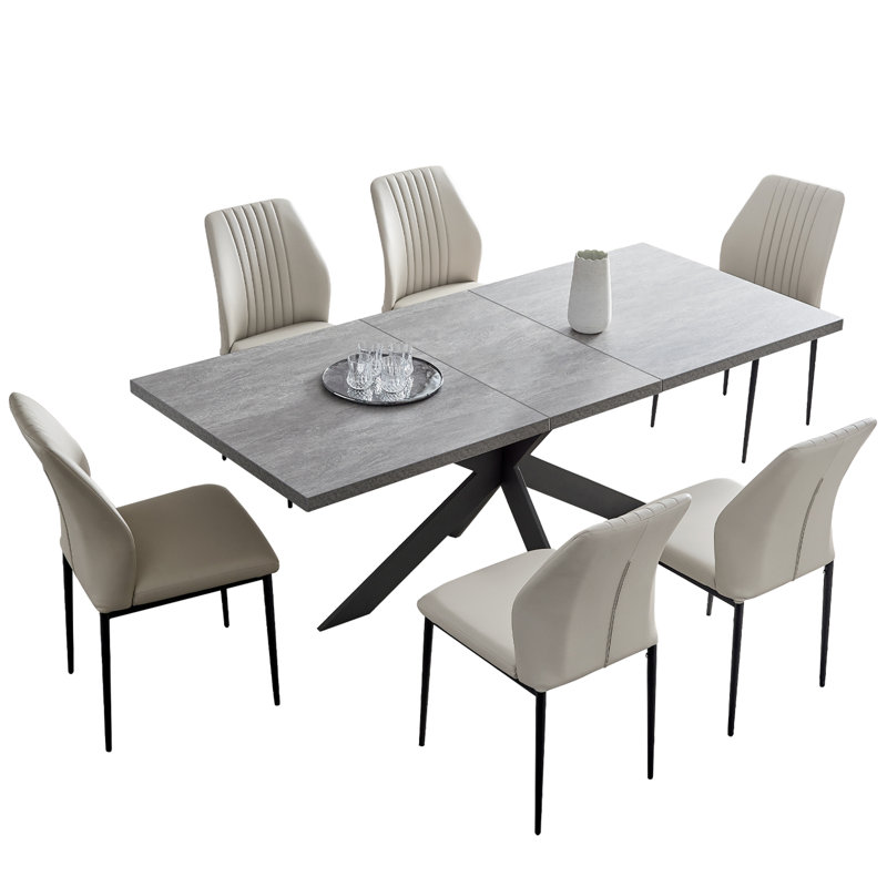 Mid-Century Extendable Kitchen Table for Dining Room with 6 Modern Chairs, Cream, Cream