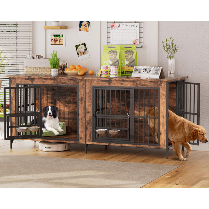  79" Dog Crate Furniture For 2 Dogs, Large Dog Kennel With 360° Rotating Feeder Bowls, Indoor Double Dogs Crates With 4 Doors, Wooden Crate Tv Stand With Removable Divider
