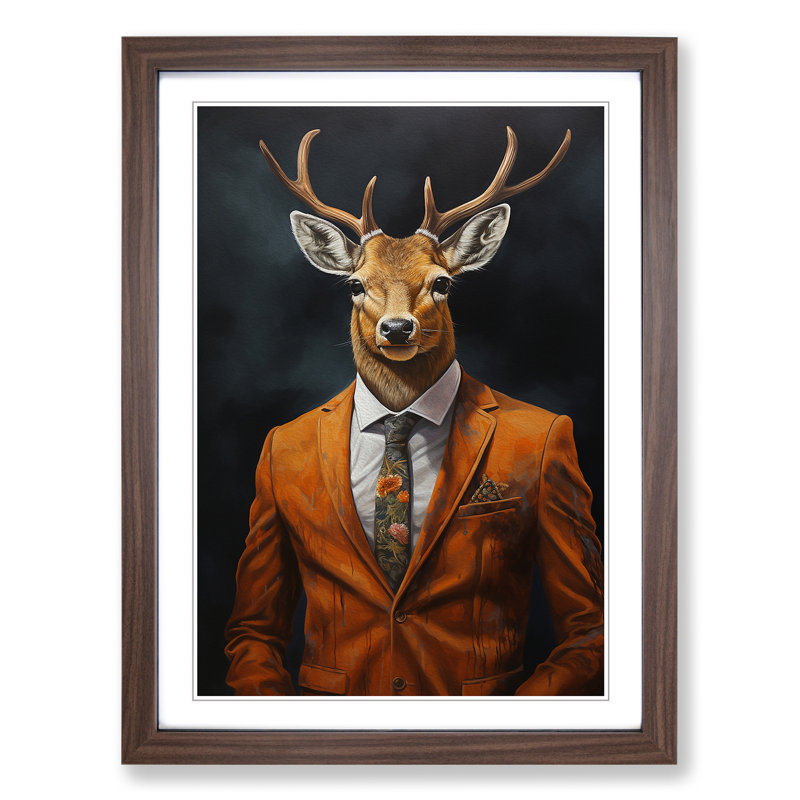 Deer In A Suit Painting Framed Print, Walnut, 46cm H x 34cm W x 2cm D