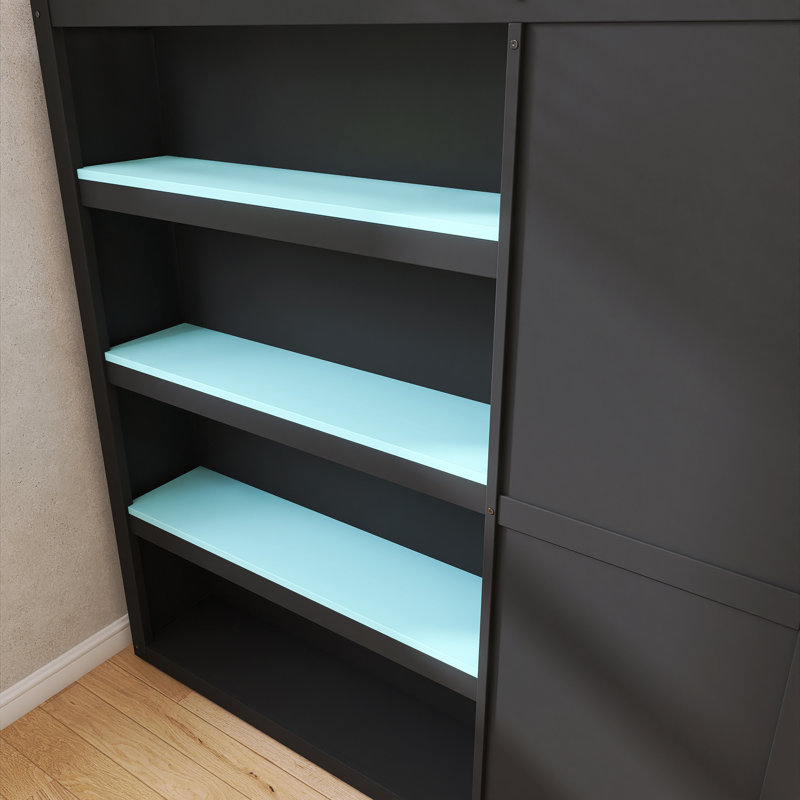 Lit mezzanine double en bois avec garde-robe, rideaux occultants et lumières RVB, Noir; Bleu