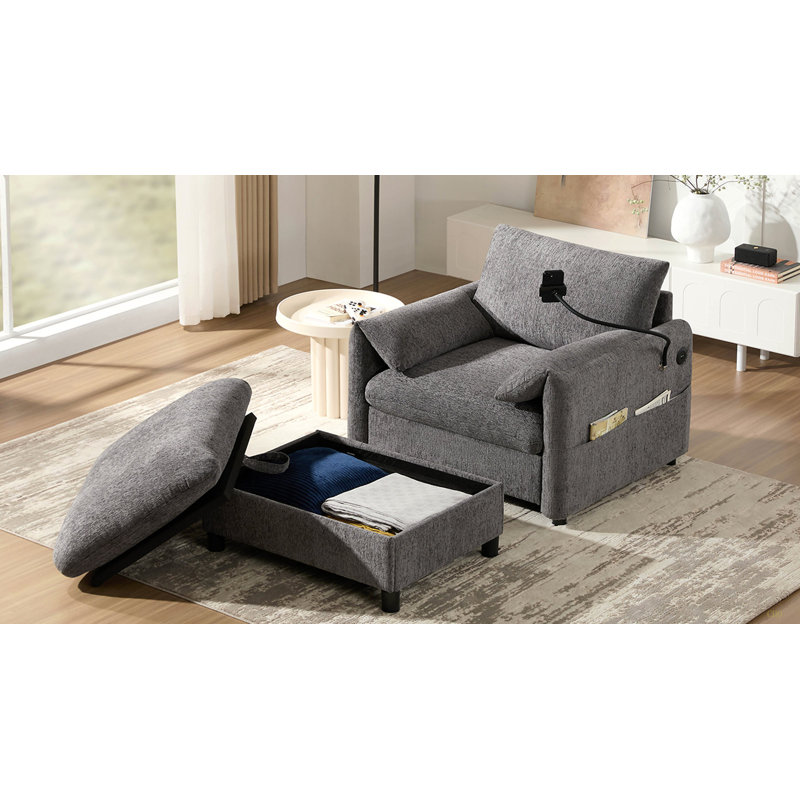 Canapé simple de 38 po avec repose-pieds de rangement, support de téléphone réglable, chargeur USB, poches de rangement latérales, accoudoirs en forme d'oreiller, méridienne à assise large pour le salon, chenille