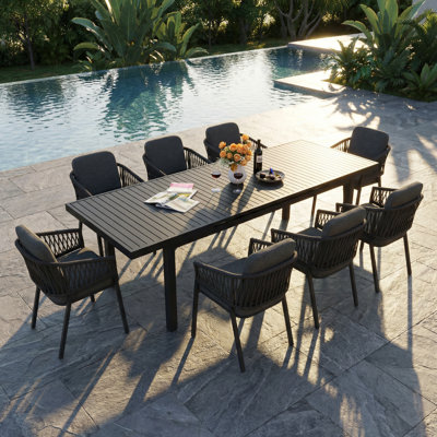 9-piece Modern Outdoor Expandable Dining Set With All-weather Rope Chairs