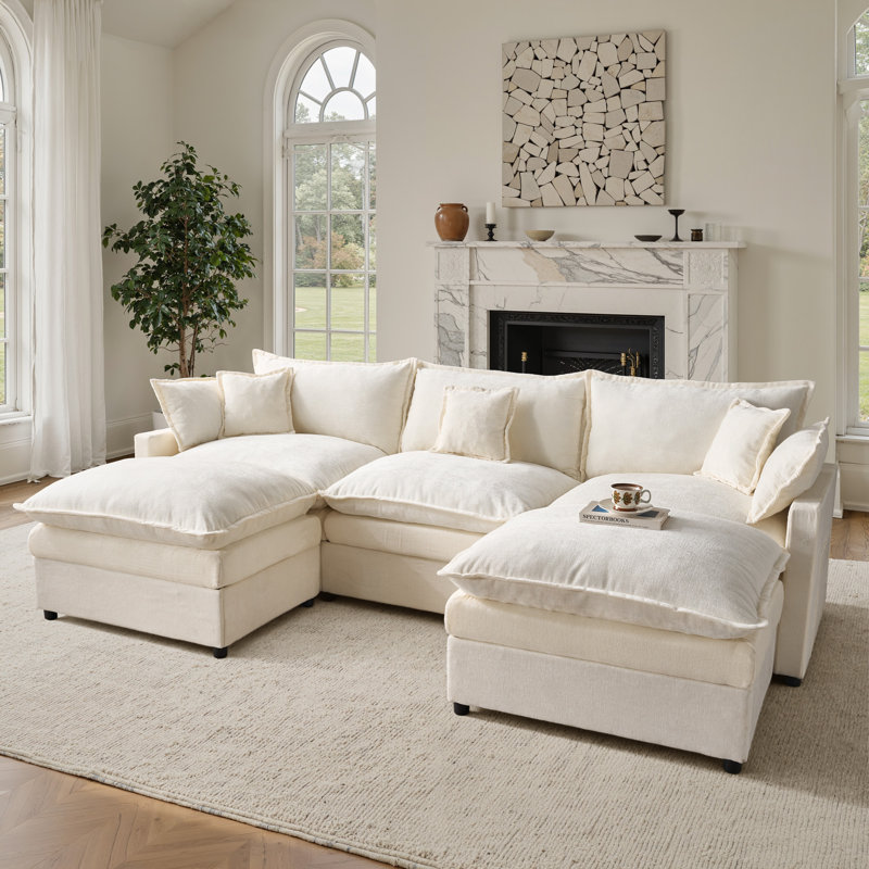 Canapé modulaire 107 po avec repose-pieds 107 po, Beige Chenille