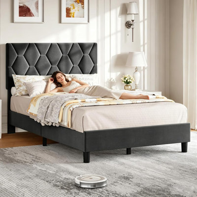 Twin Bed Frame with Adjustable Headboard, Upholstered Bed Frame, Grey