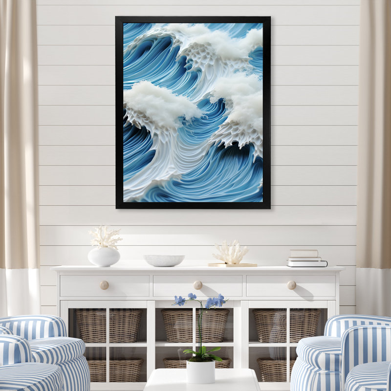 Collage de vagues blanches et bleues - art mural vagues côtières, H 20 po x l 12 po x P 1 po, Cadre simple noir