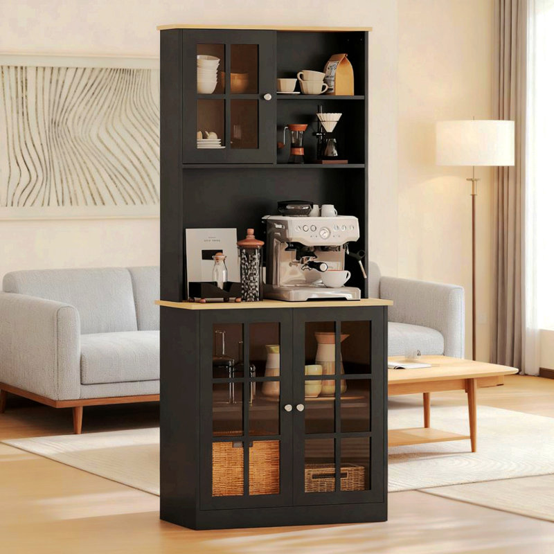 Armoire autoportante, armoire de rangement pour garde-manger, grand comptoir, portes en verre et tablettes réglables pour la salle à manger