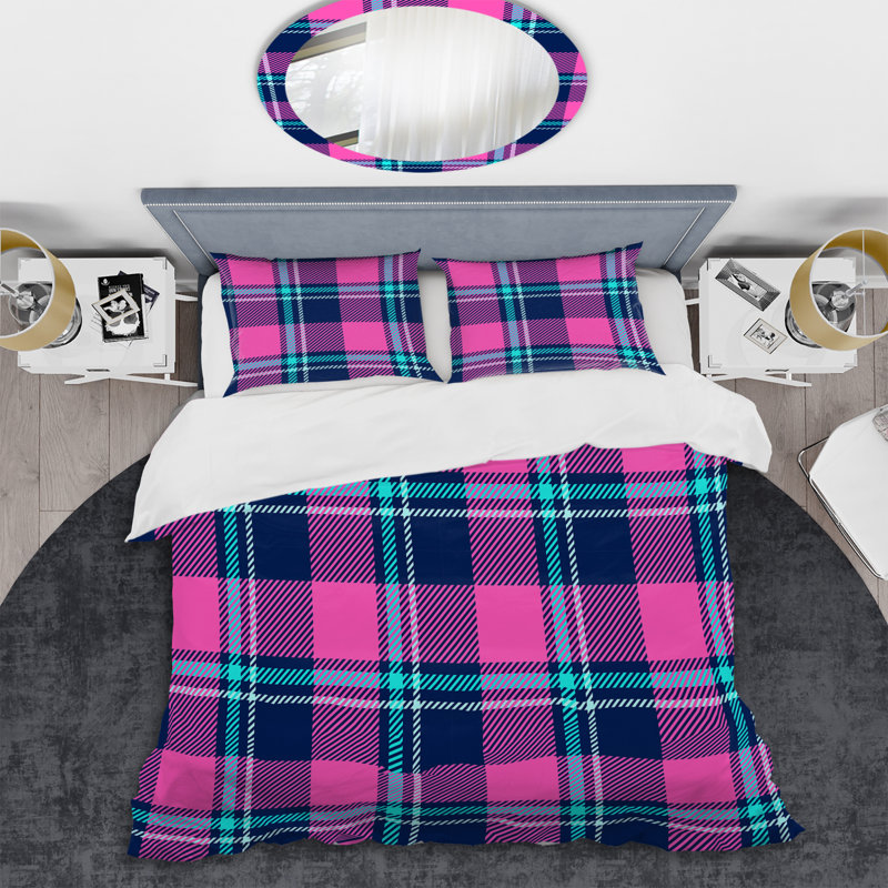Pink Checked Tartan - Abstract Duvet Cover Set - Microfiber Polyester, King Duvet Cover + 2 King Shams