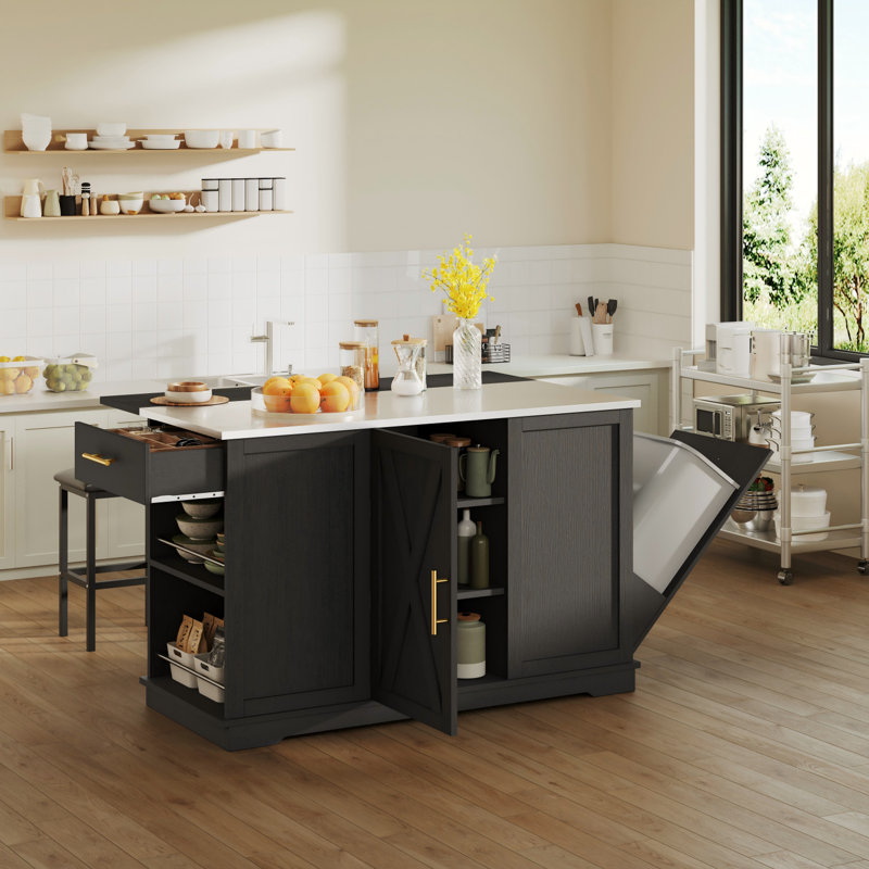  Kitchen Island With Drop Leaf & Seatings, Island With Trash Storage, Black