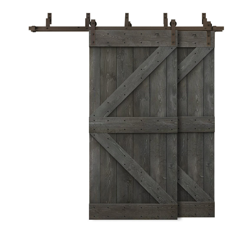 Porte de grange double à panneaux en bois teinté K Series, H 84 po x l 68 po, Gris carbone
