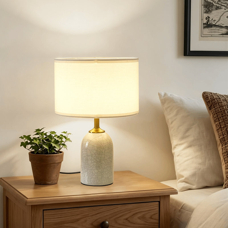 Lampe de table en céramique craquelée de 47 cm (18,5 pouces), abat-jour cylindrique en tissu, lampe de chevet à brancher avec interrupteur intégré, pour chambre à coucher, salon ou table d'appoint (ampoule non incluse)