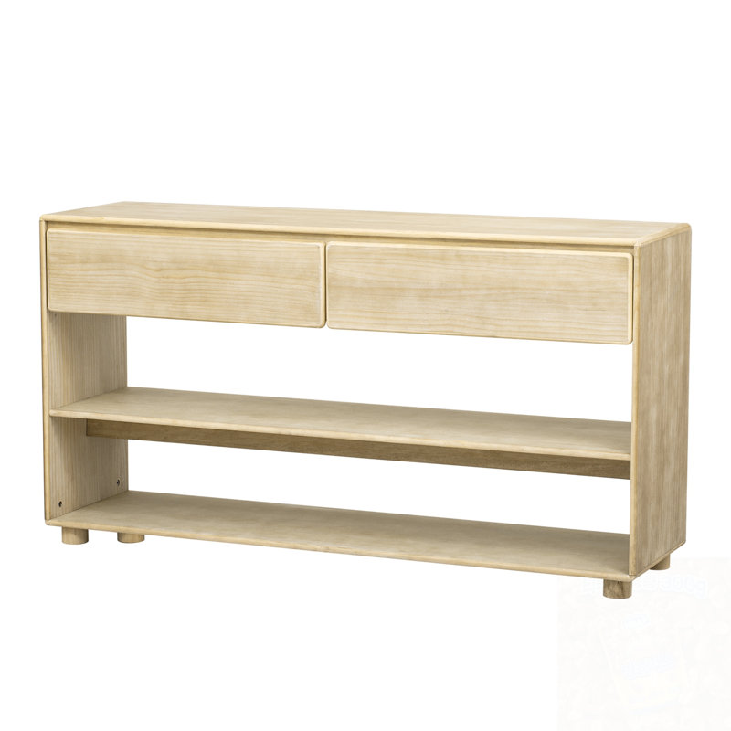 Console en bois avec 2 tiroirs et tablettes ouvertes, Naturel