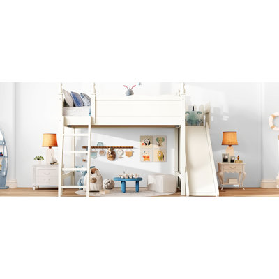 Lit mezzanine double avec tablettes de rangement, glissière amovible, contreplaqué beige, boîte sans ressorts, rangement polyvalent, garde-robe et finition, construction, boîte