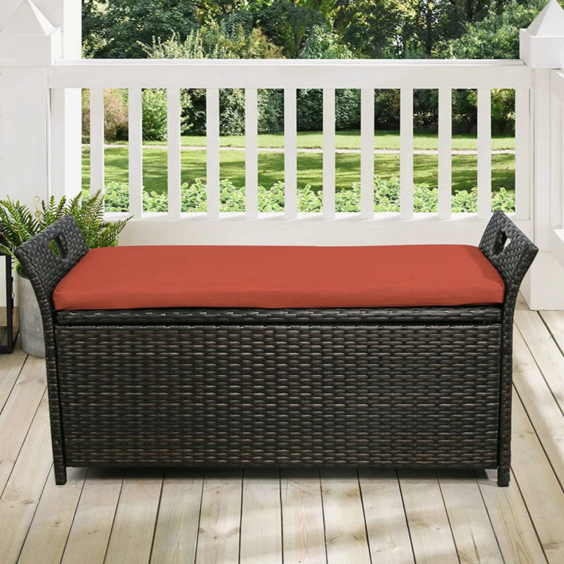 Patio Wicker Storage Bench Outdoor Rattan Deck Storage Box With Red Cushion