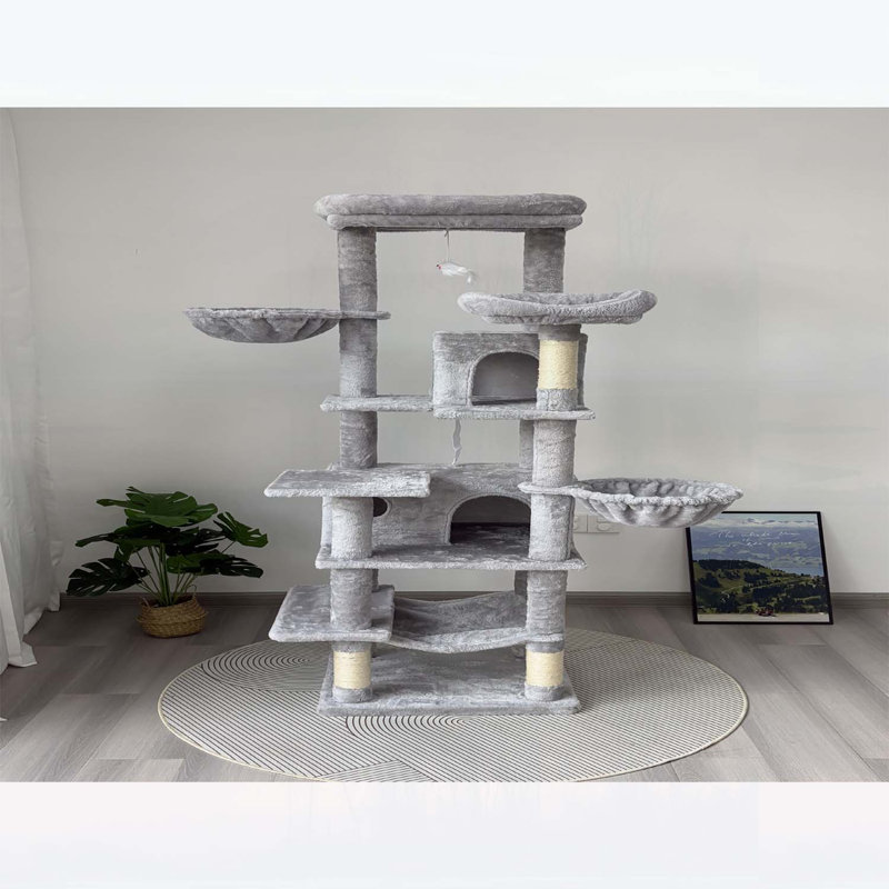 Arbre à chat de 68 po de hauteur à plusieurs niveaux avec hamacs, panier suspendu, grotte, coussins amovibles et poteaux à griffer - Tour moelleuse pour chats d'intérieur, parfaite pour plusieurs chats