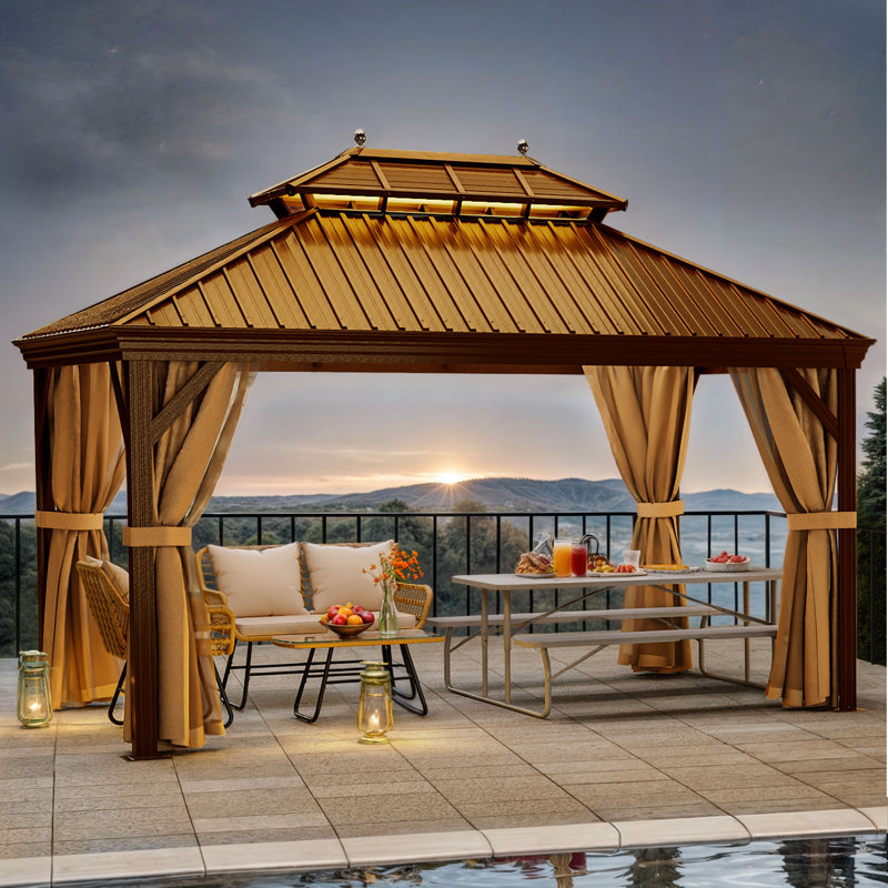 12ft x 16ft Hardtop Gazebo with Double Roof Design, include Curtains & Mesh Netting, Rust-Resistant Steel Top & Aluminum Frame, Outdoor Canopy Pavilion for Patio, Deck, Backyard, Suitable for All Seasons