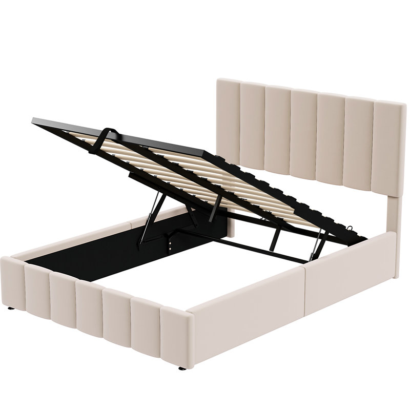 Lit tapissier beige avec rangement hydraulique efficace