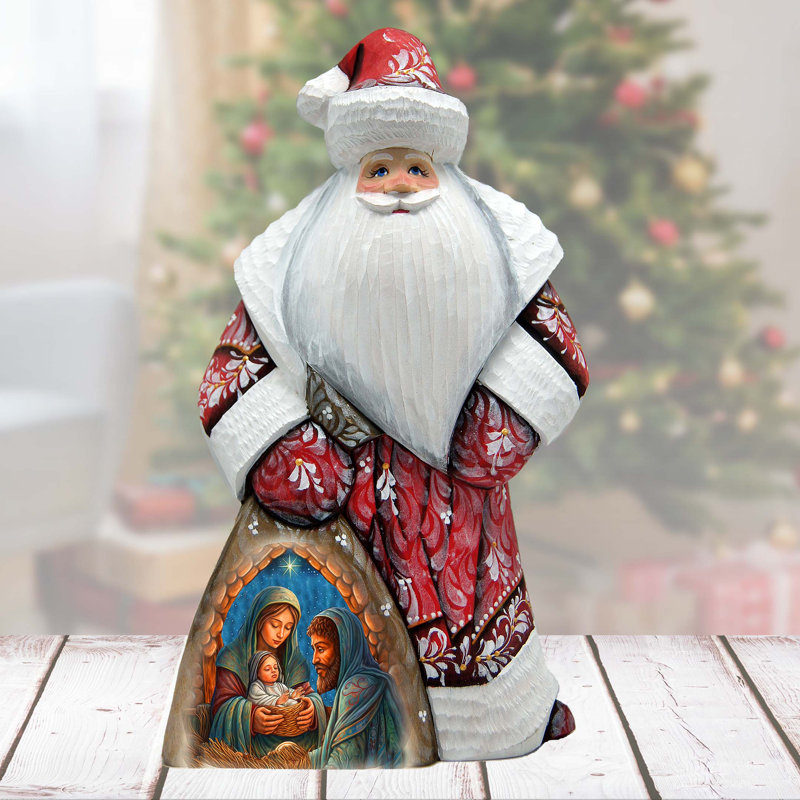 Holy Family Nativity Santa In Red Hand-Painted Wood Carved Masterpiece By G. Debrekht
