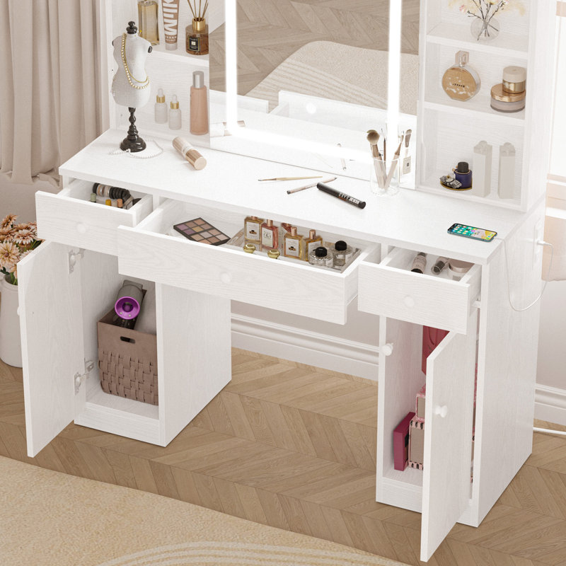 Kimrey Vanity Desk with Llight Sliding Mirror and 7 Drawers,  Makeup Vanity Table Set for Bedroom, White