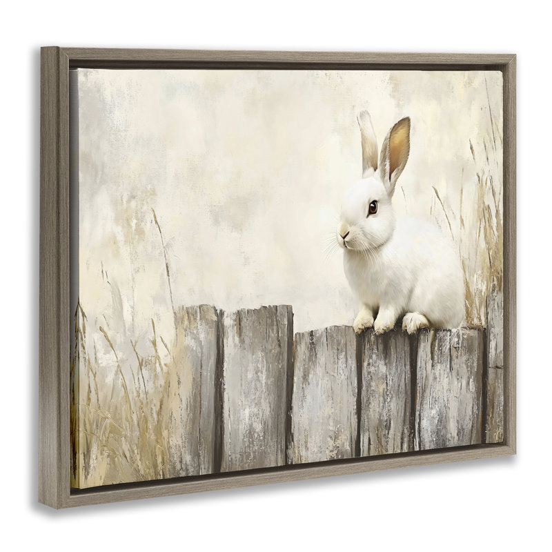 «Bunny On The Fence Floater», art mural par Franklyn Gregory, 25" H x 31" W, Cadre flottant orme Montalcino
