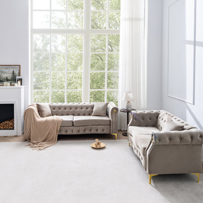 Retro Chesterfield Velvet Sofa Set For Living Room