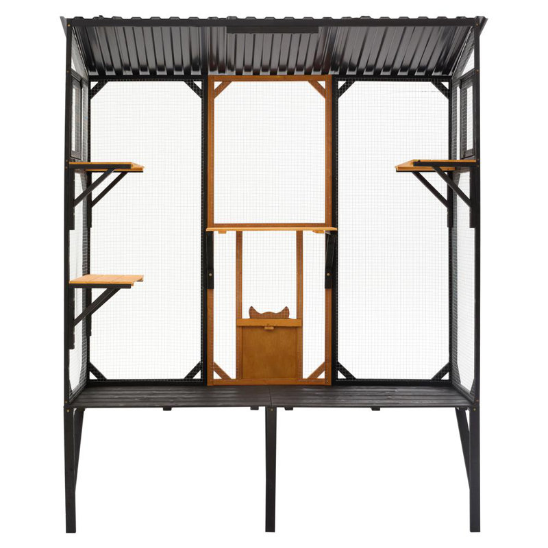 Enceinte d'extérieur Catio avec toit, grand parc pour chat en bois avec plateformes, Noir / brun