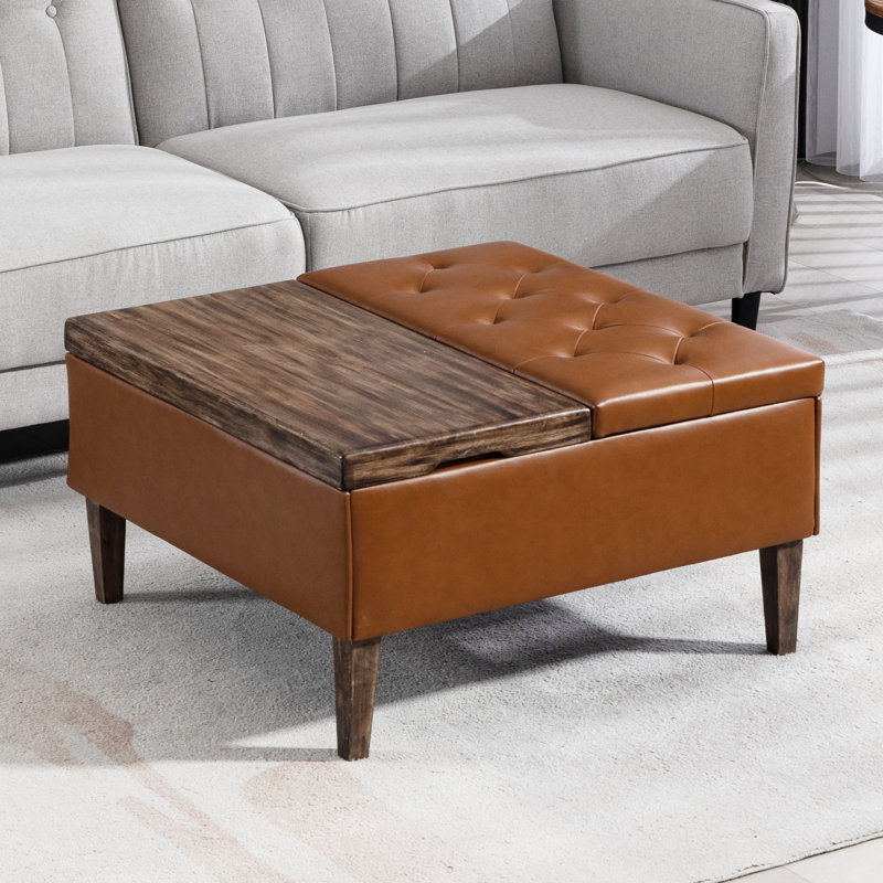 Marcelles 31.5" Solid Wood Faux Leather Square Storage Ottoman, Yellow Faux Leather