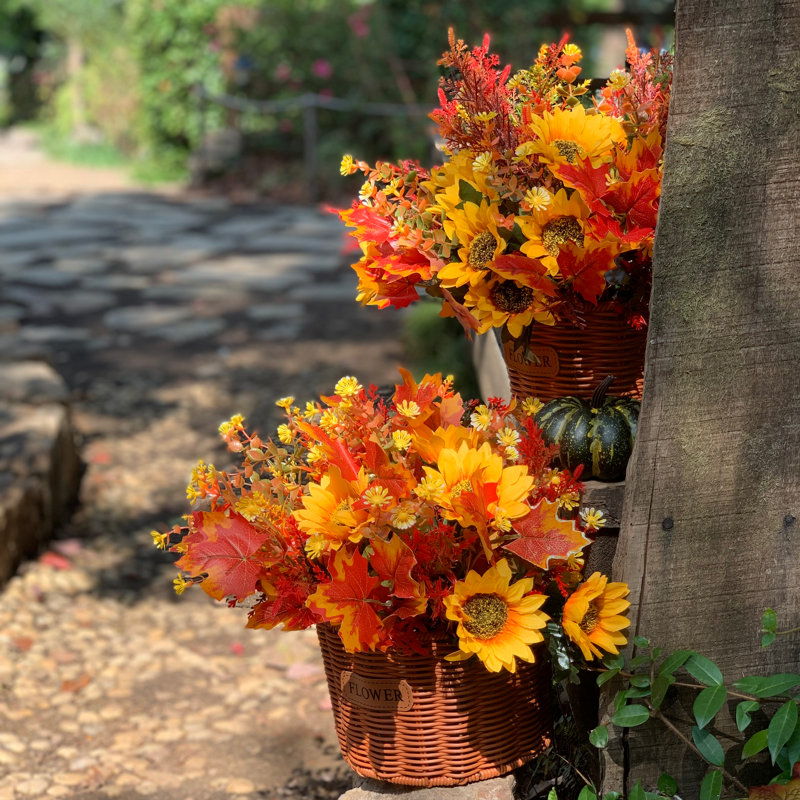 Fleurs artificielles multi-espèces réalistes pour l'extérieur et l'intérieur, 9 tiges, Orange