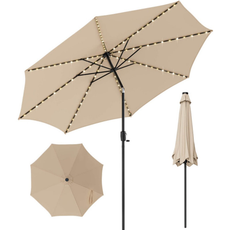 10ft Beige Solar LED Lighted Patio Umbrella with Crank Tilt