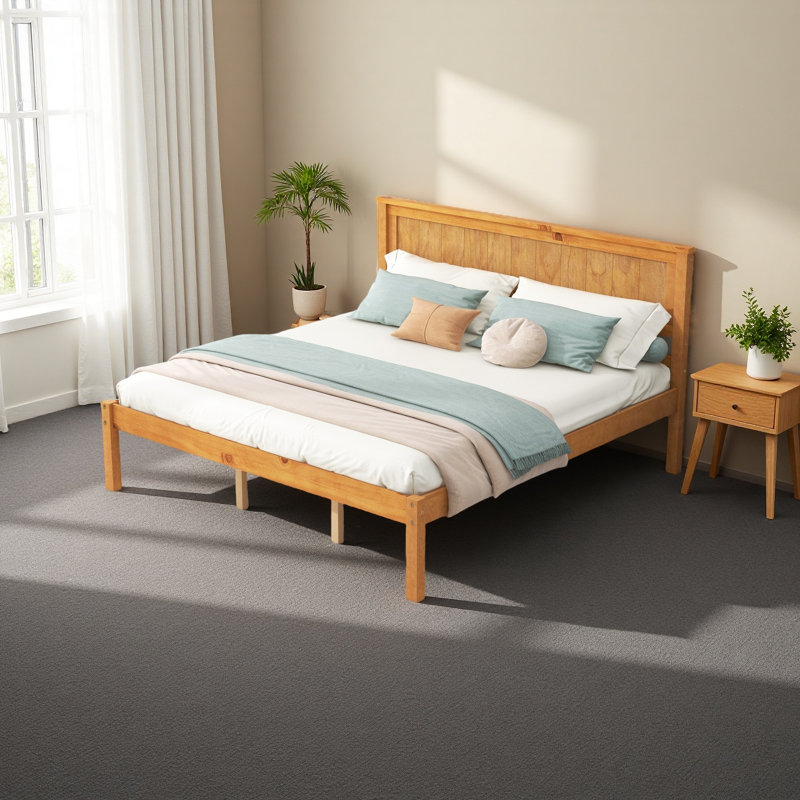Base de lit plateforme avec tête de lit, Grand lit, Chêne