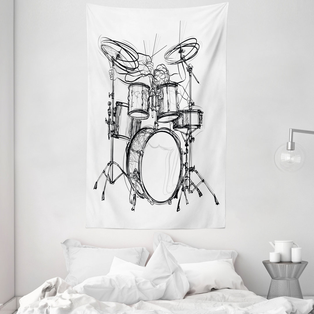 Wandteppich, Drummer Doodle Art, Weiß und Schwarz