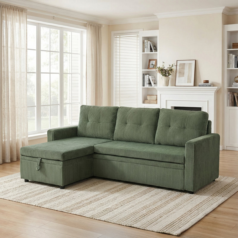 Upholstered L-Shape Green Corduroy Space-Saving Sleeper Pull-Out Sofa With Hidden Storage, Olive Green Corduroy