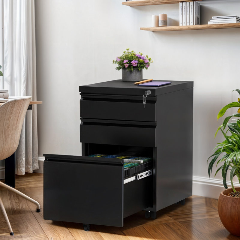 Foranta 15.3'' Wide 3 -Drawer Mobile Steel File Cabinet, Black