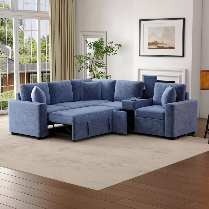 Sleeper, 120.5" L-Shaped Convertible Sofa Bed Modular Basic Sectional Sofa Sofa Sofa Reversible  With Pull-Out Bed, Cup Holders, And Ample Storage Space