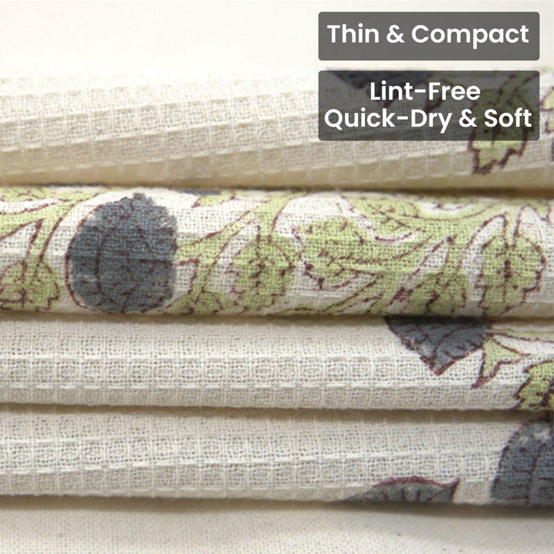 Block Print Waffle Weave Set of 6, 100% Cotton Fabric 17X32 Inch Floral Hand Towel, Gray