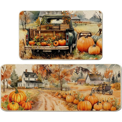 2PC Vintage Pumpkin Truck Kitchen Rug Set – Autumn Farmhouse Floor Mats