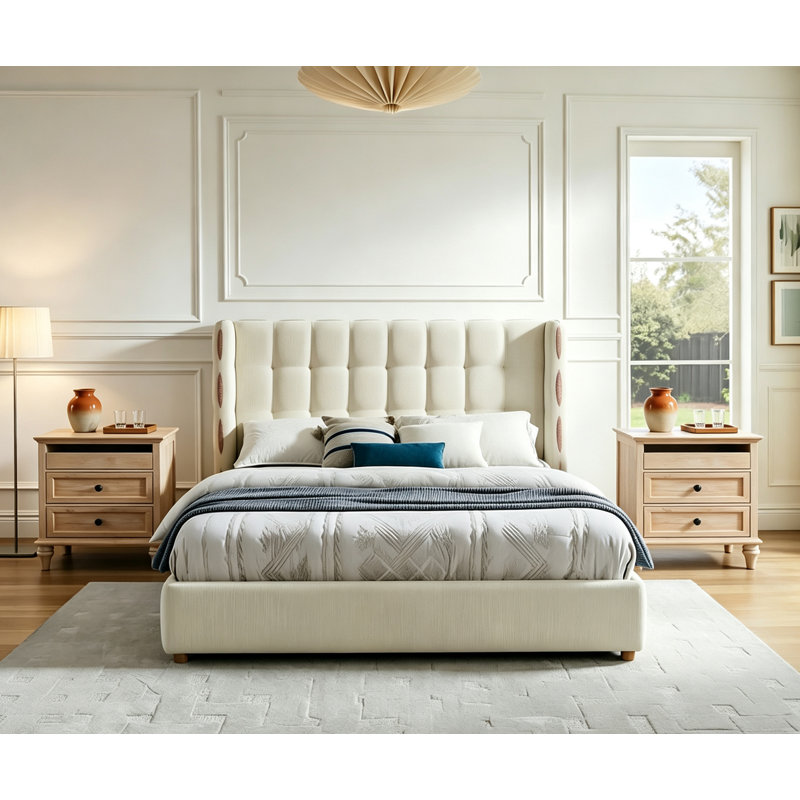 Ensemble de chambre à coucher 3 pièces, lit gaufré à oreilles King Chenille avec système hydraulique et 2 tables de chevet de ferme avec ports USB et Type-C 