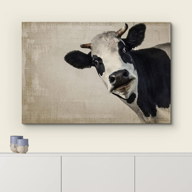 Portrait de vache noir et blanc sur une faune grunge, H 24 po x l 36 po, Toile tendue