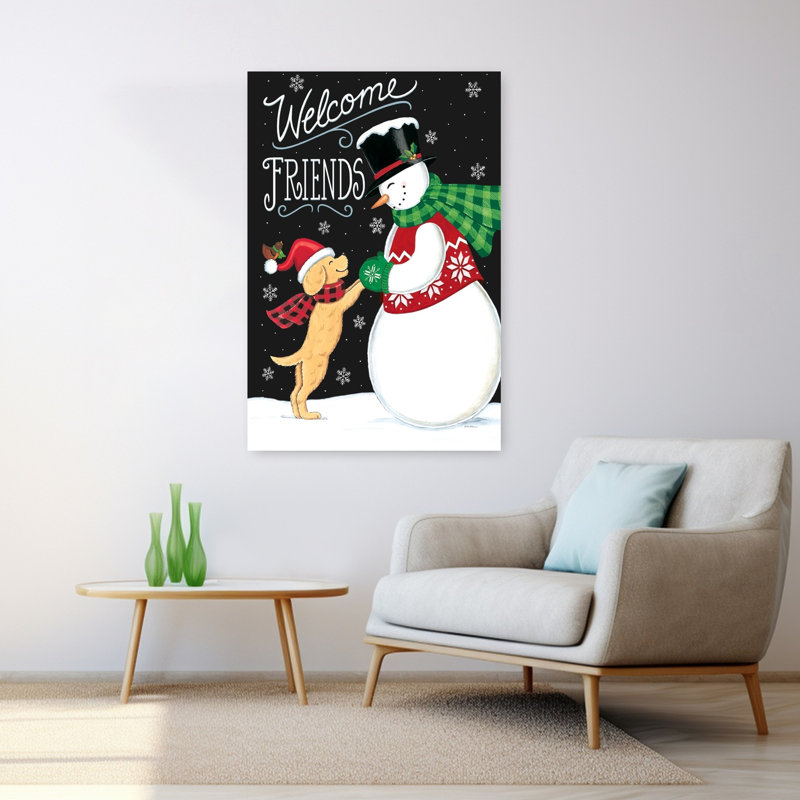 Neige, amis fantaisistes, art hivernal contemporain, H 48 po x l 32 po