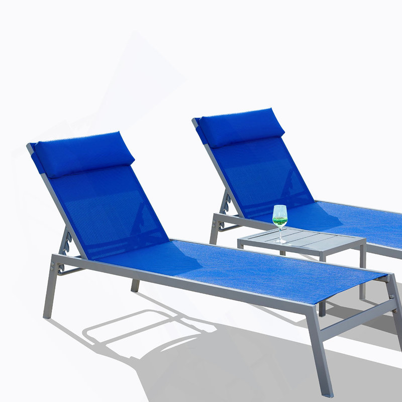 Ensemble de chaises longues de patio, chaises longues de piscine à dossier réglable 3 pièces, Bleu