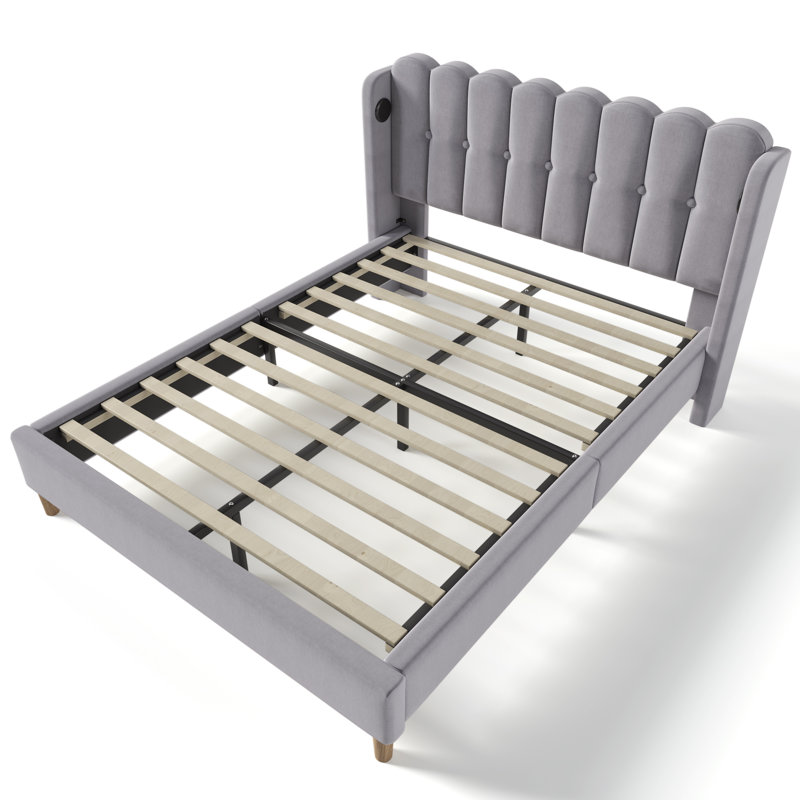 Upholstered Bed With Usb Linen, Double (4'6), Grey
