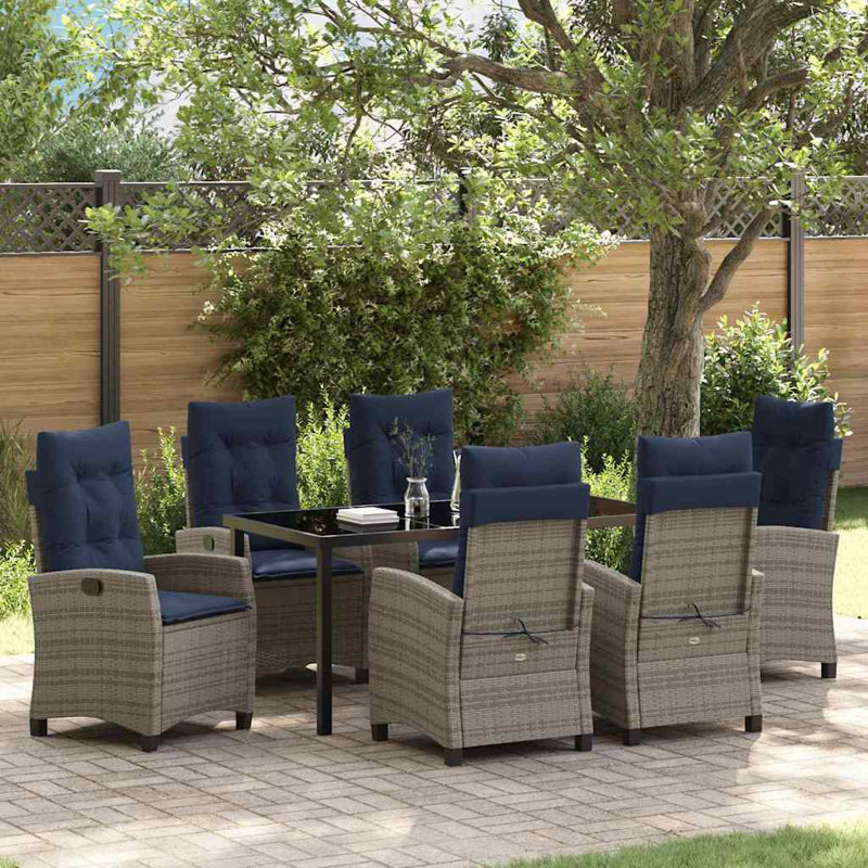  Ensemble de salle à manger de jardin avec coussin 7 pièces en rotin de polyester gris, 28.74" H x 62.99" W x 31.5" D, 6