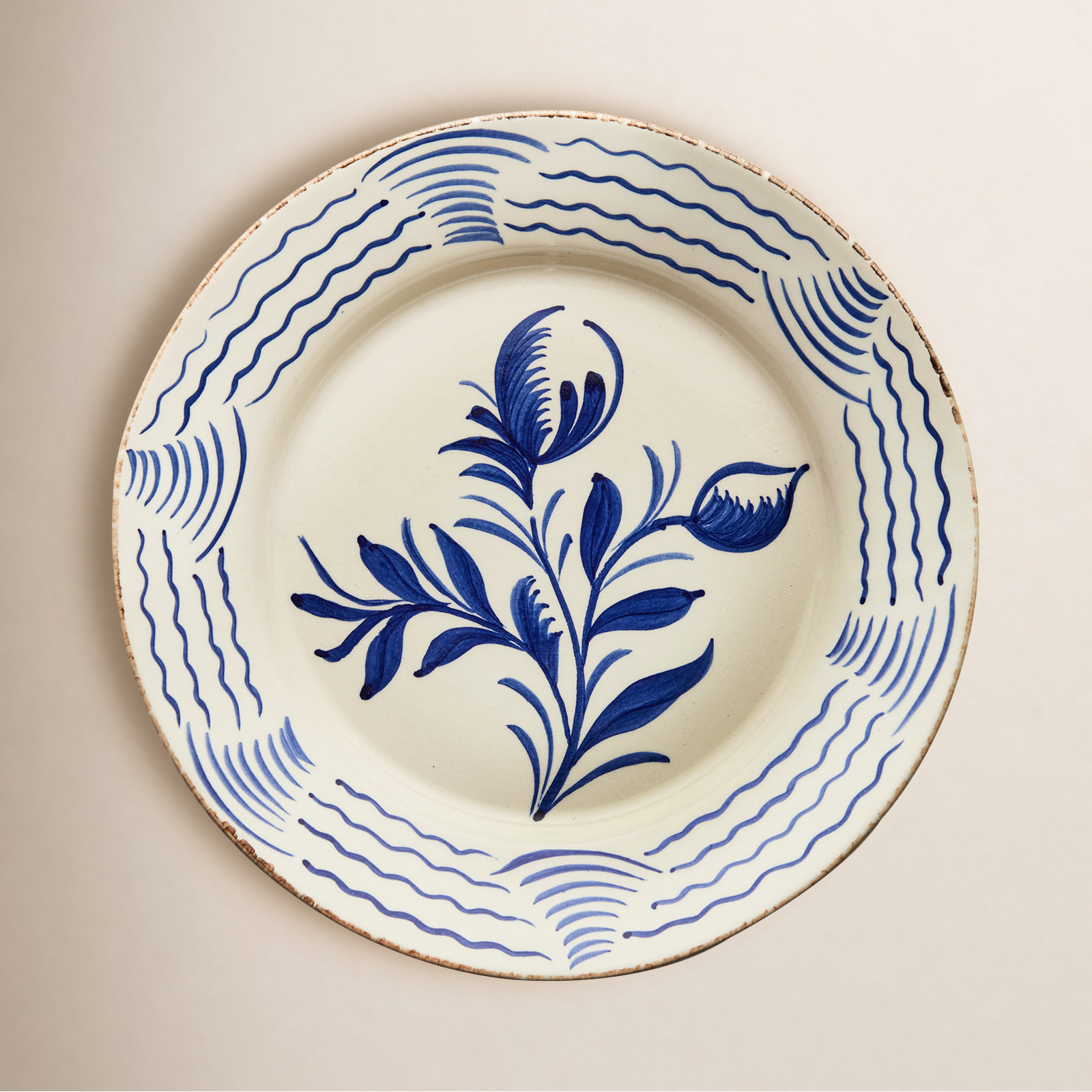 Casa Nuno Blue and White Dinner Plate, 2 Flowers/Waves, Set of 2