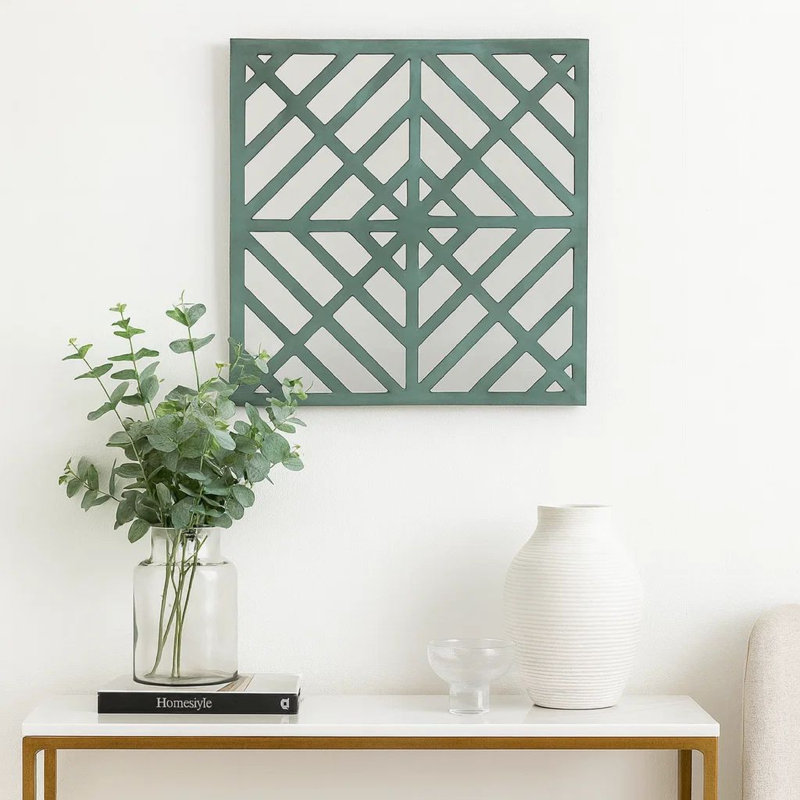 Contemporary Mirrored Wall Decor with Geometric Overlay on Top, Blue and Silver