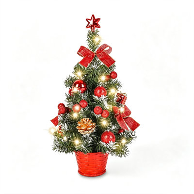 17.7-in Small Desktop Christmas Tree with LED Light, Xmas Pine Tree with Top Star Bowknot Balls Pine Cone for Home Decoration Gift Ornament, Red