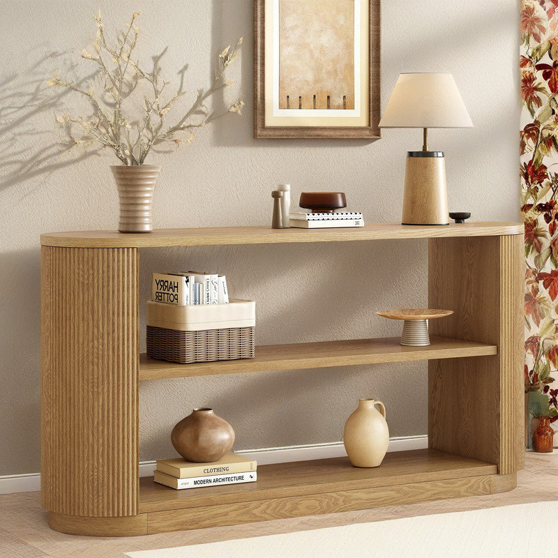 Contemporary Oval Console Table with Ribbed Sides and Two Spacious Open Shelves, Natural
