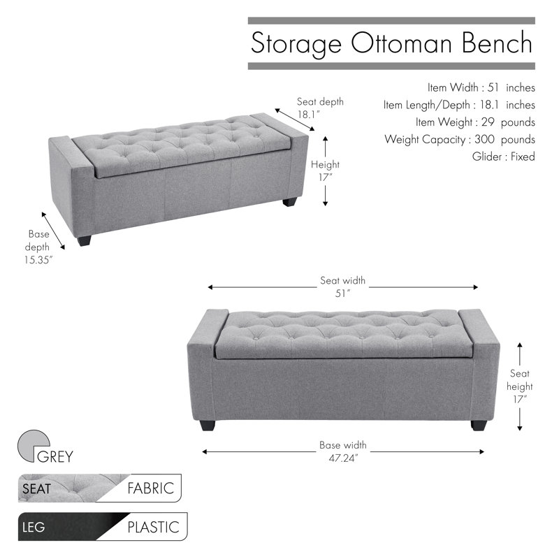 Addelina Fabric Upholstered Storage Bench, Grey